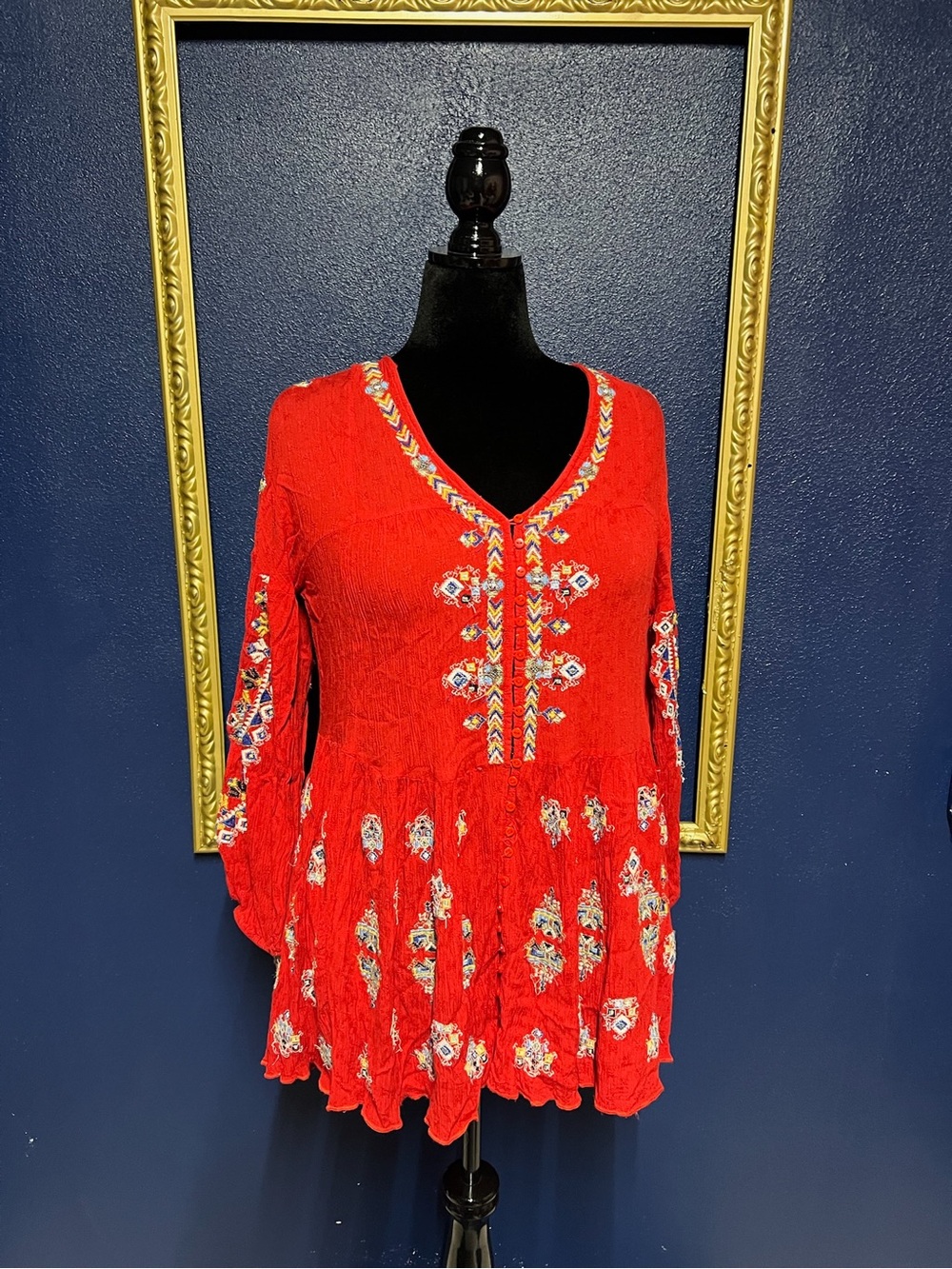 Free People Red Embroidered Boho V-Neck Tunic